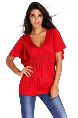 Red V-Neck Short Batwing Sleeve High Elastic Waist Blouse Size S